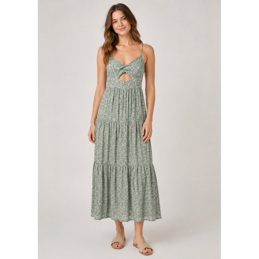 Vintage Y2K Trixxi Cottagecore Fairy Dress Large Green Floral Cutout Tiered